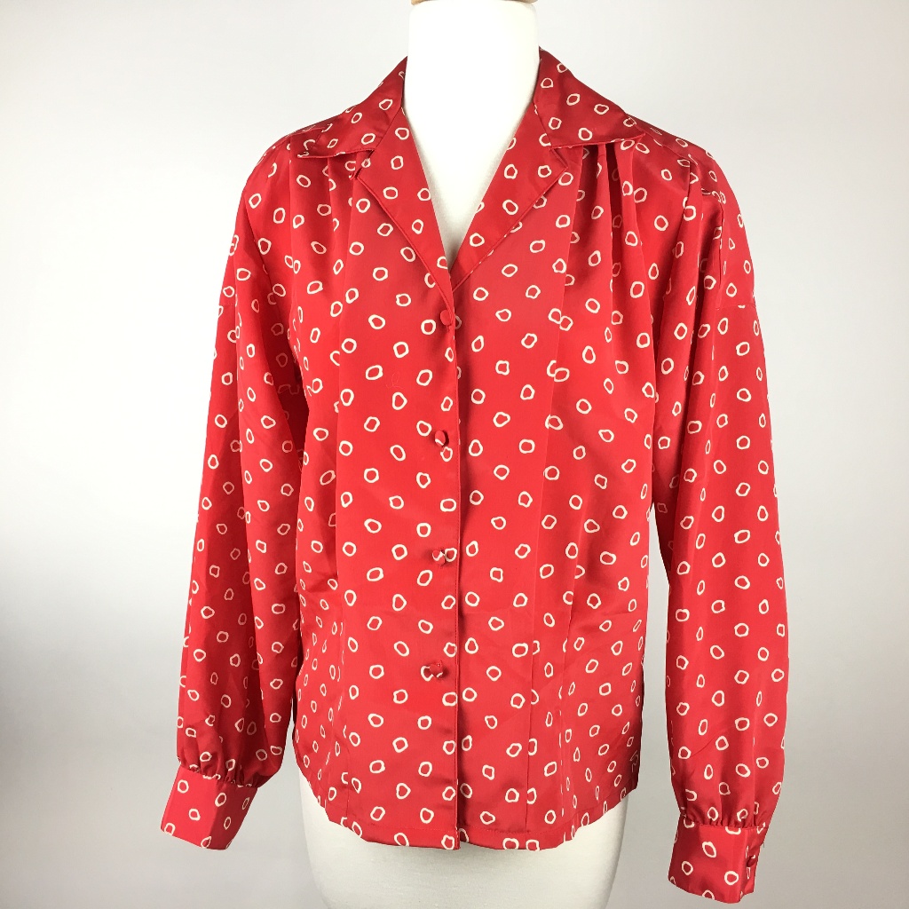 Oscar De La Renta Expressions Blouse Secretary Top Padded Shoulders Button Front